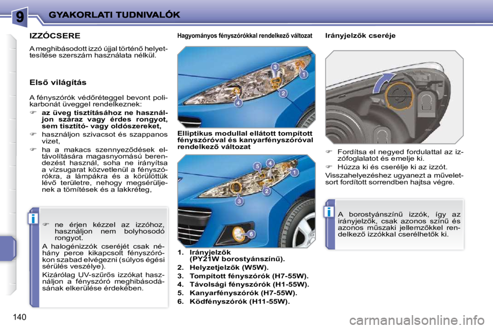 PEUGEOT 207 2010  Kezelési útmutató (in Hungarian) ii
�1�4�0
� �A� �f�é�n�y�s�z�ó�r�ó�k� �v�é�d5�r�é�t�e�g�g�e�l� �b�e�v�o�n�t� �p�o�l�i�- 
karbonát üveggel rendelkeznek:  
   
�     az üveg tisztításához ne használ- 
jon  száraz  vag
