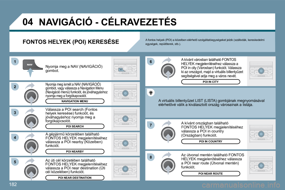 PEUGEOT 207 2010  Kezelési útmutató (in Hungarian) 182
�0�4
�8
�6 
�7
�4
�3
�5
�2
�1
� �N�A�V�I�G�Á�C�I�Ó� �-� �C�É�L�R�A�V�E�Z�E�T�É�S� 
� � �F�O�N�T�O�S� �H�E�L�Y�E�K� �(�P�O�I�)� �K�E�R�E�S�É�S�E� 
� � �N�y�o�m�j�a� �m�e�g� �a� �N�A�V� �(�N�A�