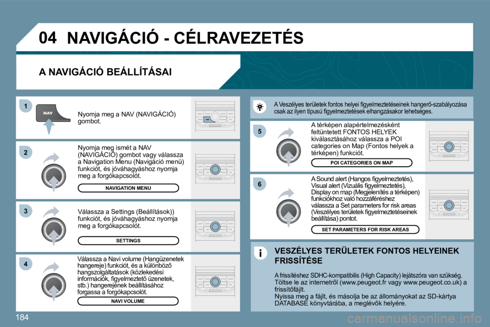 PEUGEOT 207 2010  Kezelési útmutató (in Hungarian) 184
�0�4
�5 
�6
�3
�2
�1
�4
� � �A� �N�A�V�I�G�Á�C�I�Ó� �B�E�Á�L�L�Í�T�Á�S�A�I� 
� �N�A�V�I�G�Á�C�I�Ó� �-� �C�É�L�R�A�V�E�Z�E�T�É�S� 
� � �A� �S�o�u�n�d� �a�l�e�r�t� �(�H�a�n�g�o�s� �ﬁ� �g�