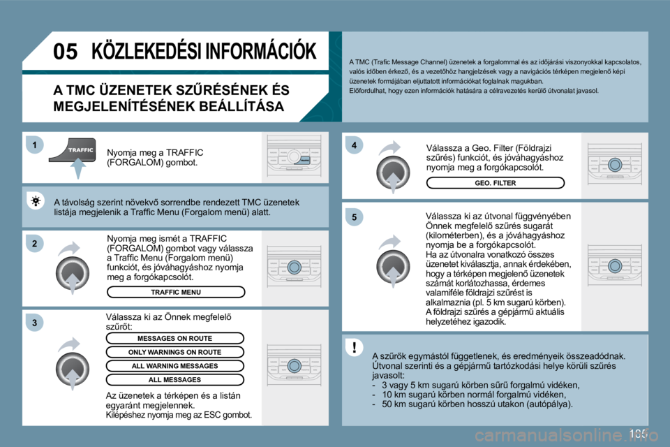 PEUGEOT 207 2010  Kezelési útmutató (in Hungarian) 185
�0�5
�2
�1
�3 �4
�5
� �K�Ö�Z�L�E�K�E�D�É�S�I� �I�N�F�O�R�M�Á�C�I�Ó�K� 
�A� �T�M�C� �Ü�Z�E�N�E�T�E�K� �S�ZB�R�É�S�É�N�E�K� �É�S� 
�M�E�G�J�E�L�E�N�Í�T�É�S�É�N�E�K� �B�E�Á�L�L�Í�T�Á�S