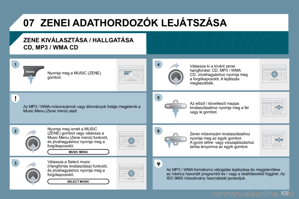 PEUGEOT 207 2010  Kezelési útmutató (in Hungarian) 189
�0�7
�6
�4 
�5
�3
�2
�1
�Z�E�N�E� �K�I�V�Á�L�A�S�Z�T�Á�S�A� �/� �H�A�L�L�G�A�T�Á�S�A� � 
�C�D�,� �M�P�3� �/� �W�M�A� �C�D� 
� �A�z� �M�P�3� �/� �W�M�A� �f�o�r�m�á�t�u�m�ú� �v�á�l�o�g�a�t�á�