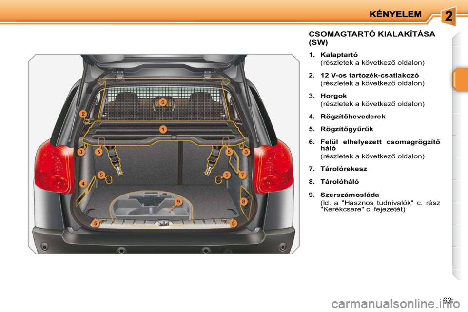 PEUGEOT 207 2010  Kezelési útmutató (in Hungarian) 63
�C�S�O�M�A�G�T�A�R�T�Ó� �K�I�A�L�A�K�Í�T�Á�S�A� 
�(�S�W�)� 
   
1.     �K�a�l�a�p�t�a�r�t�ó�     
�  �(�r�é�s�z�l�e�t�e�k� �a� �k�ö�v�e�t�k�e�z5� �o�l�d�a�l�o�n�)�  
  
2.     �1�2� �V�-�o�s