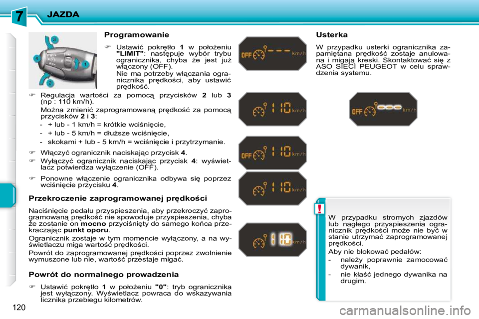 PEUGEOT 207 2010  Instrukcja obsługi (in Polish) !
�1�2�0
� �W�  �p�r�z�y�p�a�d�k�u�  �s�t�r�o�m�y�c�h�  �z�j�a�z�d�ó�w�  
�l�u�b�  �n�a�g�ł�e�g�o�  �p�r�z�y�s�p�i�e�s�z�e�n�i�a�  �o�g�r�a�-
�n�i�c�z�n�i�k�  �p�r
�d�k�o;�c�i�  �m�oG�e�  �n�i�e�