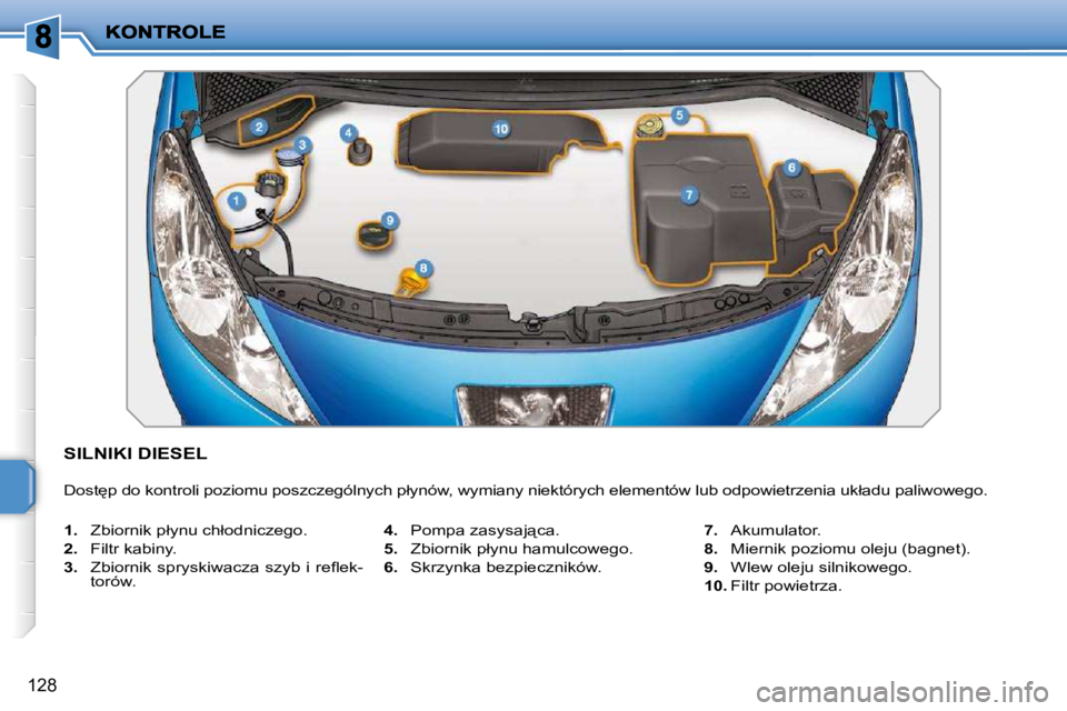 PEUGEOT 207 2010  Instrukcja obsługi (in Polish) 128
SILNIKI DIESEL 
� �D�o�s�t
�p� �d�o� �k�o�n�t�r�o�l�i� �p�o�z�i�o�m�u� �p�o�s�z�c�z�e�g�ó�l�n�y�c�h� �p�ł�y�n�ó�w�,� �w�y�m�i�a�n�y� �n�i�e�k�t�ó�r�y�c�h� �e�l�e�m�e�n�t�ó�w� �l�u�b� �o�d�p�