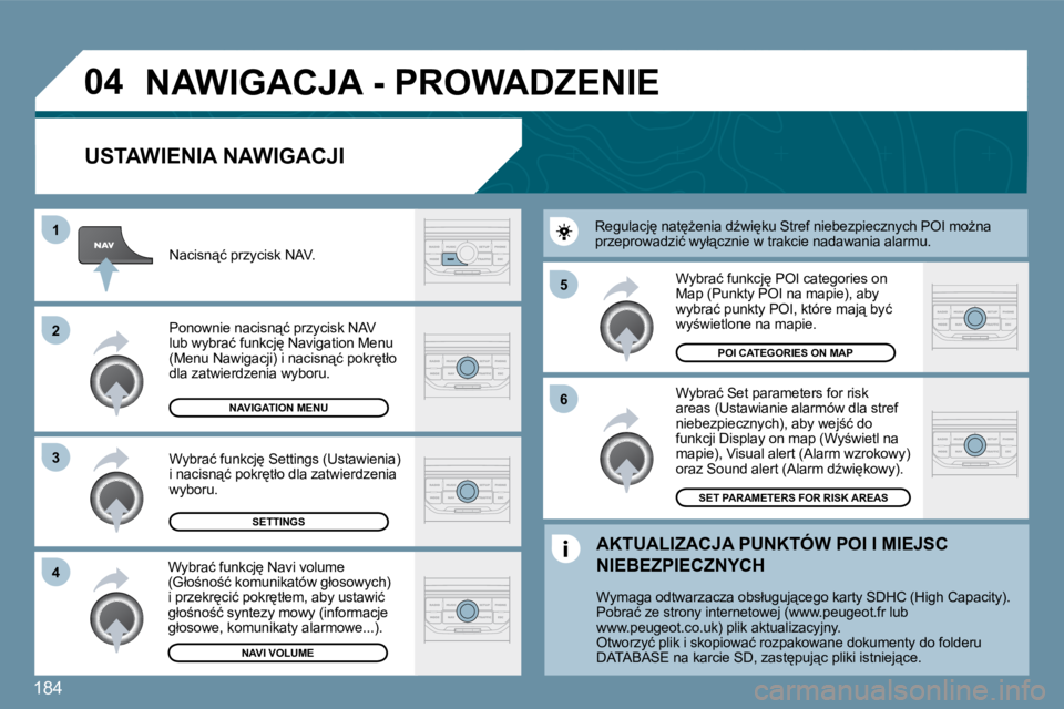 PEUGEOT 207 2010  Instrukcja obsługi (in Polish) 184
�0�4
�5 
�6
�3
�2
�1
�4
� � �U�S�T�A�W�I�E�N�I�A� �N�A�W�I�G�A�C�J�I� 
� �N�A�W�I�G�A�C�J�A� �-� �P�R�O�W�A�D�Z�E�N�I�E� 
� � �W�y�b�r�a�ć� �S�e�t� �p�a�r�a�m�e�t�e�r�s� �f�o�r� �r�i�s�k� �a�r�e�