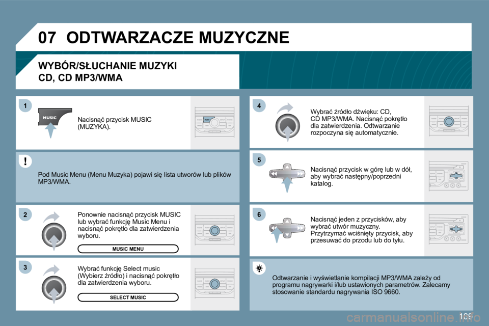 PEUGEOT 207 2010  Instrukcja obsługi (in Polish) 189
�0�7
�6
�4 
�5
�3
�2
�1
�W�Y�B�Ó�R�/�S�Ł�U�C�H�A�N�I�E� �M�U�Z�Y�K�I� � 
�C�D�,� �C�D� �M�P�3�/�W�M�A� 
� �O�d�t�w�a�r�z�a�n�i�e� �i� �w�y;�w�i�e�t�l�a�n�i�e� �k�o�m�p�i�l�a�c�j�i� �M�P�3�/�W�M