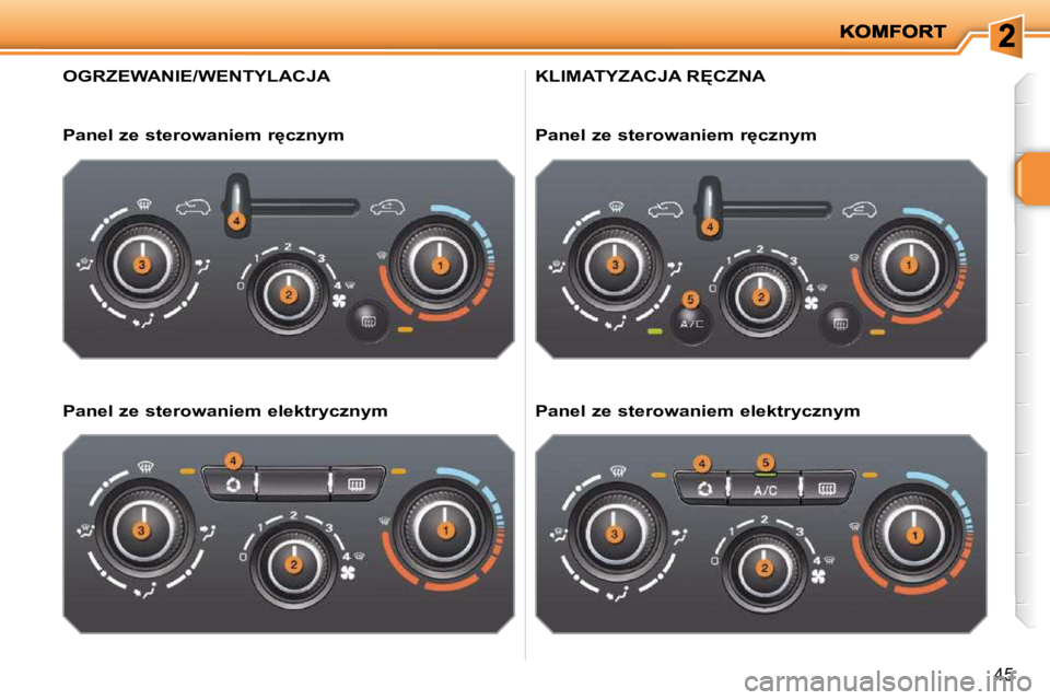 PEUGEOT 207 2010  Instrukcja obsługi (in Polish) �4�5
OGRZEWANIE/WENTYLACJA 
� � �P�a�n�e�l� �z�e� �s�t�e�r�o�w�a�n�i�e�m� �r
�c�z�n�y�m� �  
� � �P�a�n�e�l� �z�e� �s�t�e�r�o�w�a�n�i�e�m� �e�l�e�k�t�r�y�c�z�n�y�m� � 
� �K�L�I�M�A�T�Y�Z�A�C�J�A� �R