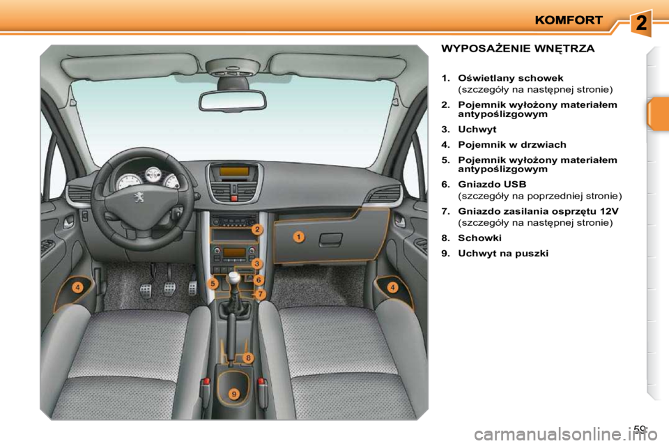 PEUGEOT 207 2010  Instrukcja obsługi (in Polish) �5�9
�W�Y�P�O�S�AF�E�N�I�E� �W�N&�T�R�Z�A� 
   
1.     �O�w�i�e�t�l�a�n�y� �s�c�h�o�w�e�k    
�  �(�s�z�c�z�e�g�ó�ł�y� �n�a� �n�a�s�t
�p�n�e�j� �s�t�r�o�n�i�e�)�  
  
2.     �P�o�j�e�m�n�i�k� �