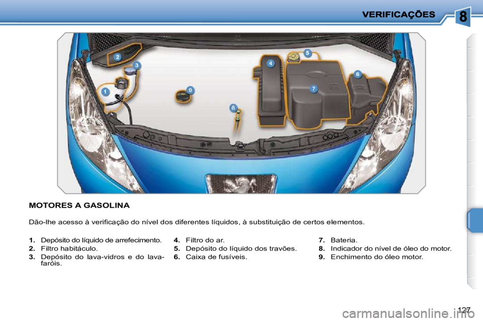 PEUGEOT 207 2010  Manual de utilização (in Portuguese) 127
MOTORES A GASOLINA 
� �D�ã�o�-�l�h�e� �a�c�e�s�s�o� �à� �v�e�r�i�ﬁ� �c�a�ç�ã�o� �d�o� �n�í�v�e�l� �d�o�s� �d�i�f�e�r�e�n�t�e�s� �l�í�q�u�i�d�o�s�,� �à� �s�u�b�s�t�i�t�u�i�ç�ã�o� �d�e� �