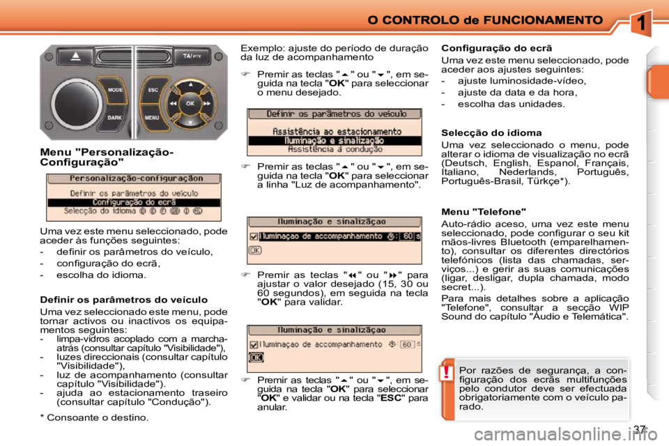 PEUGEOT 207 2010  Manual de utilização (in Portuguese) !
37
� � �D�e�ﬁ� �n�i�r� �o�s� �p�a�r�â�m�e�t�r�o�s� �d�o� �v�e�í�c�u�l�o�  
 Uma vez seleccionado este menu, pode  
tornar  activos  ou  inactivos  os  equipa-
mentos seguintes: 
   -  
limpa-vid
