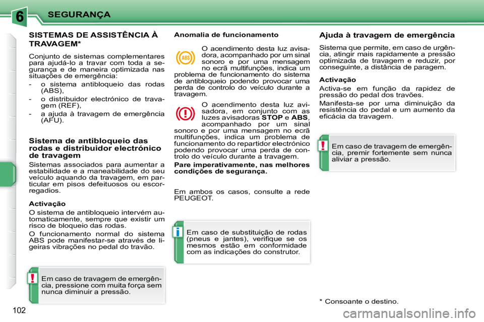 PEUGEOT 207 2010 Manual de utilização (in Portuguese) !
i
!
SEGURANÇA
102
SISTEMAS DE ASSISTÊNCIA À
TRAVAGEM *
Conjunto de sistemas complementares
para ajudá-lo a travar com toda a se-
gurança e de maneira optimizada nas
situaçõ PEUGEOT 207 2010 Manual de utilização (in Portuguese) !
i
!
SEGURANÇA
102
SISTEMAS DE ASSISTÊNCIA À
TRAVAGEM *
Conjunto de sistemas complementares
para ajudá-lo a travar com toda a se-
gurança e de maneira optimizada nas
situaçõ