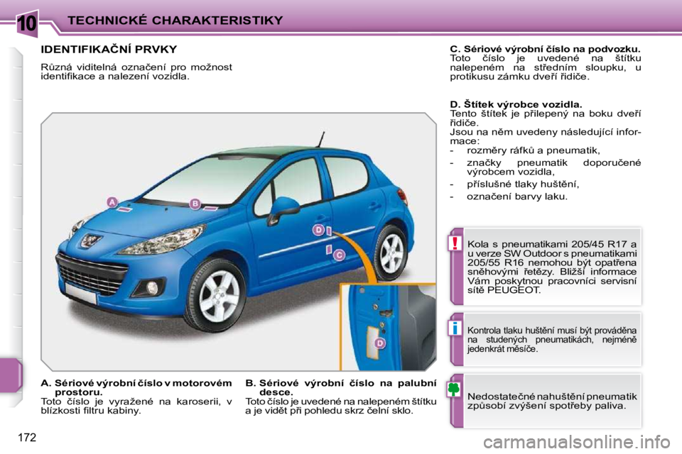 PEUGEOT 207 2010  Návod na použití (in Czech) 10
!
i
172
TECHNICKÉ CHARAKTERISTIKY
�I�D�E�N�T�I�F�I�K�A�Č�N�Í� �P�R�V�K�Y� 
� �RA�z�n�á�  �v�i�d�i�t�e�l�n�á�  �o�z�n�a�č�e�n�í�  �p�r�o�  �m�o�ž�n�o�s�t�  
�i�d�e�n�t�i�ﬁ� �k�a�c�e� �a� 
