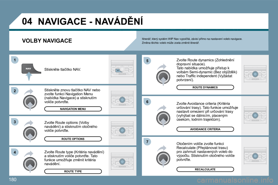 PEUGEOT 207 2010  Návod na použití (in Czech) �1�8�0
�0�4
�4
�3
�2
�1
�7
�6
�5
� �N�A�V�I�G�A�C�E� �-� �N�A�V�Á�D(�N�Í� 
� � �V�O�L�B�Y� �N�A�V�I�G�A�C�E� 
� � �Z�v�o�l�t�e� �R�o�u�t�e� �d�y�n�a�m�i�c�s� �(�Z�o�h�l�e�d�n)�n�í� �d�o�p�r�a�v�n