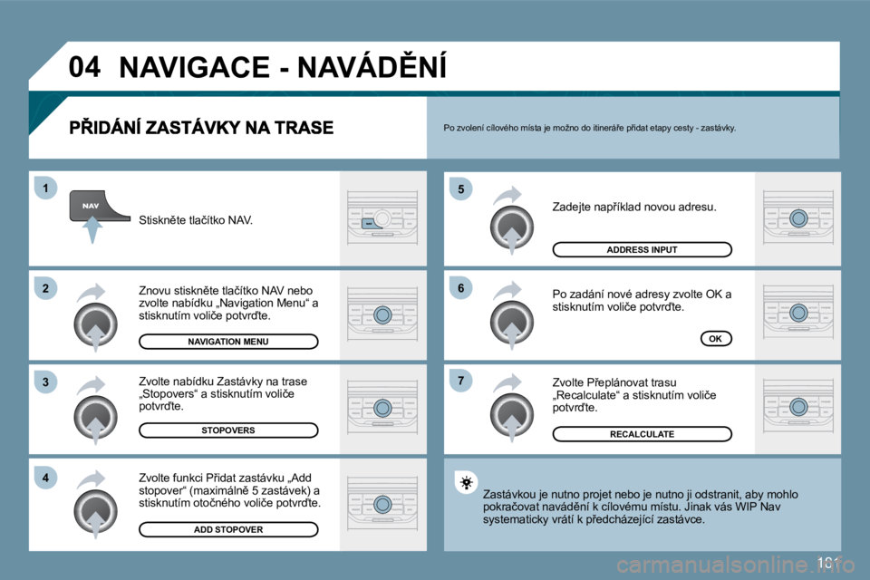 PEUGEOT 207 2010  Návod na použití (in Czech) 181
�0�4
�7
�6
�5
�4
�3
�2
�1
� �Z�a�d�e�j�t�e� �n�a�p9�í�k�l�a�d� �n�o�v�o�u� �a�d�r�e�s�u�.� 
� �P�o� �z�a�d�á�n�í� �n�o�v�é� �a�d�r�e�s�y� �z�v�o�l�t�e� �O�K� �a� �s�t�i�s�k�n�u�t�í�m� �v�o�l