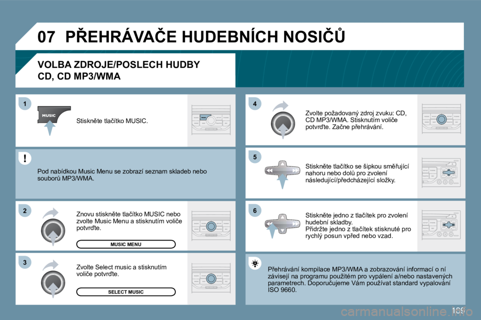PEUGEOT 207 2010  Návod na použití (in Czech) 189
�0�7
�6
�4 
�5
�3
�2
�1
�V�O�L�B�A� �Z�D�R�O�J�E�/�P�O�S�L�E�C�H� �H�U�D�B�Y� � 
�C�D�,� �C�D� �M�P�3�/�W�M�A� 
� �P9�e�h�r�á�v�á�n�í� �k�o�m�p�i�l�a�c�e� �M�P�3�/�W�M�A� �a� �z�o�b�r�a�z�o�v�