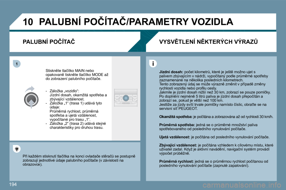 PEUGEOT 207 2010  Návod na použití (in Czech) 194
�1�0
�1
� �P�A�L�U�B�N�Í� �P�O�Č�Í�T�A�Č�/�P�A�R�A�M�E�T�R�Y� �V�O�Z�I�D�L�A� 
� � �P�A�L�U�B�N�Í� �P�O�Č�Í�T�A�Č� 
� �S�t�i�s�k�n)�t�e� �t�l�a�č�í�t�k�o� � �M�A�I�N� � �n�e�b�o� �o�p�a