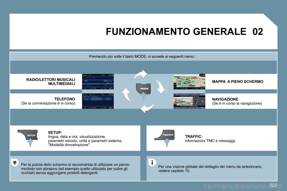 PEUGEOT 207 2009  Manuale duso (in Italian) 229
�0�2FUNZIONAMENTO GENERALE 
 Per una visione globale del dettaglio dei menu da selezionare, vedere capitolo 10.  
� � �P�r�e�m�e�n�d�o� �p�i�ù� �v�o�l�t�e� �i�l� �t�a�s�t�o� �M�O�D�E�,� �s�i� �a�