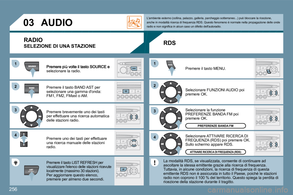 PEUGEOT 207 2009  Manuale duso (in Italian) 256
�2�2
�3�3
�4�4
11
�2�2
�4�4
�3�3
11
�0�3      AUDIO 
selezionare la radio. 
� �P�r�e�m�e�r�e� �i�l� �t�a�s�t�o� �B�A�N�D� �A�S�T� �p�e�r�  
selezionare una gamma donda: 
�F�M�1�,� �F�M�2�,� �F�M�