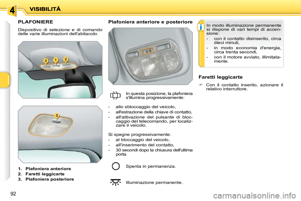 PEUGEOT 207 2009  Manuale duso (in Italian) i
92
PLAFONIERE 
 Dispositivo  di  selezione  e  di  comando  
delle varie illuminazioni dellabitacolo.  
   
1.     Plafoniera anteriore   
  
2.     Faretti   
 leggicarte   
  
3.     Plafoniera p