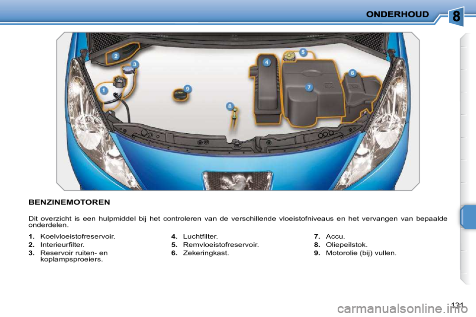 PEUGEOT 207 2009  Instructieboekje (in Dutch) 131
           BENZINEMOTOREN 
 Dit  overzicht  is  een  hulpmiddel  bij  het  controleren  van  de  verschillende  vloeistofniveaus  en  het  vervangen  van  bepaalde 
onderdelen.  
   
1.    Koelvlo