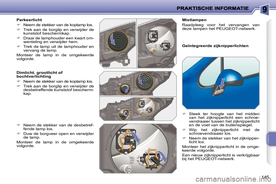 PEUGEOT 207 2009  Instructieboekje (in Dutch) 145
  Parkeerlicht  
   
�    Neem de stekker van de koplamp los. 
  
�    Trek aan de borglip en verwijder de 
kunststof beschermkap. 
  
�    Draai de lamphouder een kwart om-
wenteling en 