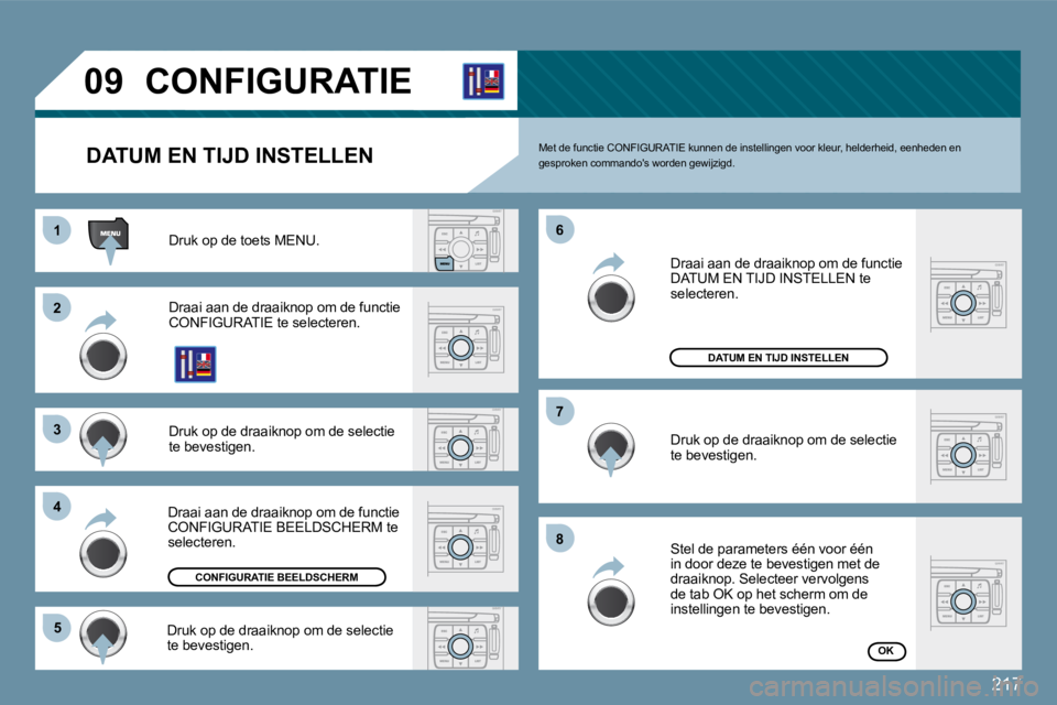 PEUGEOT 207 2009  Instructieboekje (in Dutch) 217
11
�2�2
�3�3
�4�4
�5�5
�6�6
�7�7
�8�8
�0�9       CONFIGURATIE 
  DATUM EN TIJD INSTELLEN 
� �D�r�u�k� �o�p� �d�e� �t�o�e�t�s� �M�E�N�U�.� 
 Draai aan de draaiknop om de functie �C�O�N�F�I�G�U�R�A�
