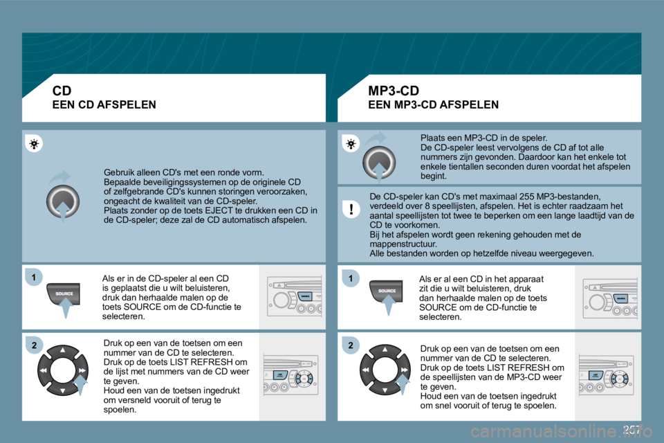 PEUGEOT 207 2009  Instructieboekje (in Dutch) 257
11
�2�2
11
�2�2
 Gebruik alleen CDs met een ronde vorm.  Bepaalde beveiligingssystemen op de originele CD of zelfgebrande CDs kunnen storingen veroorzaken, ongeacht de kwaliteit van de CD-speler