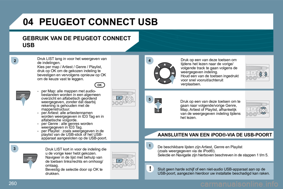 PEUGEOT 207 2009  Instructieboekje (in Dutch) 260
�3�3
�0�4
�4�4
11
�5�5
�2�2
 PEUGEOT CONNECT USB 
� � �G�E�B�R�U�I�K� �V�A�N� �D�E� �P�E�U�G�E�O�T� �C�O�N�N�E�C�T� 
USB 
� � �D�r�u�k� �L�I�S�T� �k�o�r�t� �i�n� �v�o�o�r� �d�e� �i�n�d�e�l�i�n�g� 