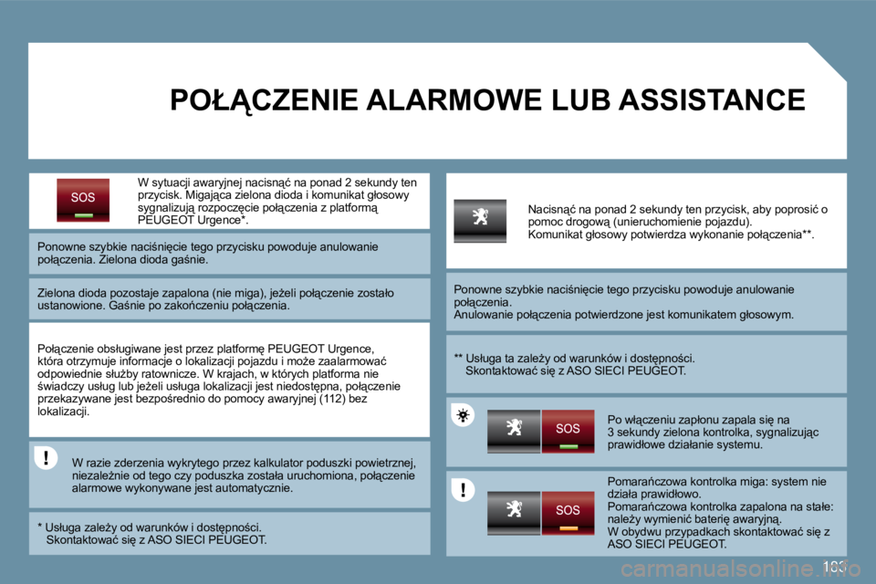 PEUGEOT 207 2009  Instrukcja obsługi (in Polish) 183
� � �W� �s�y�t�u�a�c�j�i� � �a�w�a�r�y�j�n�e�j� � �n�a�c�i�s�n"�ć� �n�a� �p�o�n�a�d� �2� �s�e�k�u�n�d�y� �t�e�n� �p�r�z�y�c�i�s�k�.� �M�i�g�a�j"�c�a� �z�i�e�l�o�n�a� �d�i�o�d�a� �i� �k�