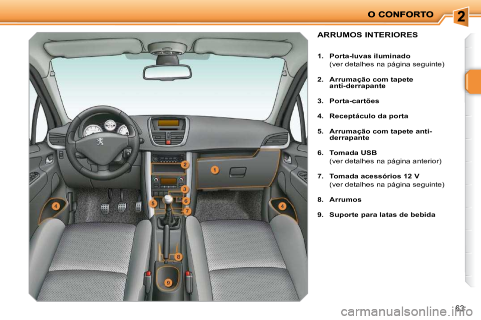 PEUGEOT 207 2009  Manual de utilização (in Portuguese) 63
ARRUMOS INTERIORES 
   
1.     �P�o�r�t�a�-�l�u�v�a�s� �i�l�u�m�i�n�a�d�o     
  (ver detalhes na página seguinte)  
  
2.     Arrumação com tapete  
anti-derrapante   
  
3.     Porta-cartões 