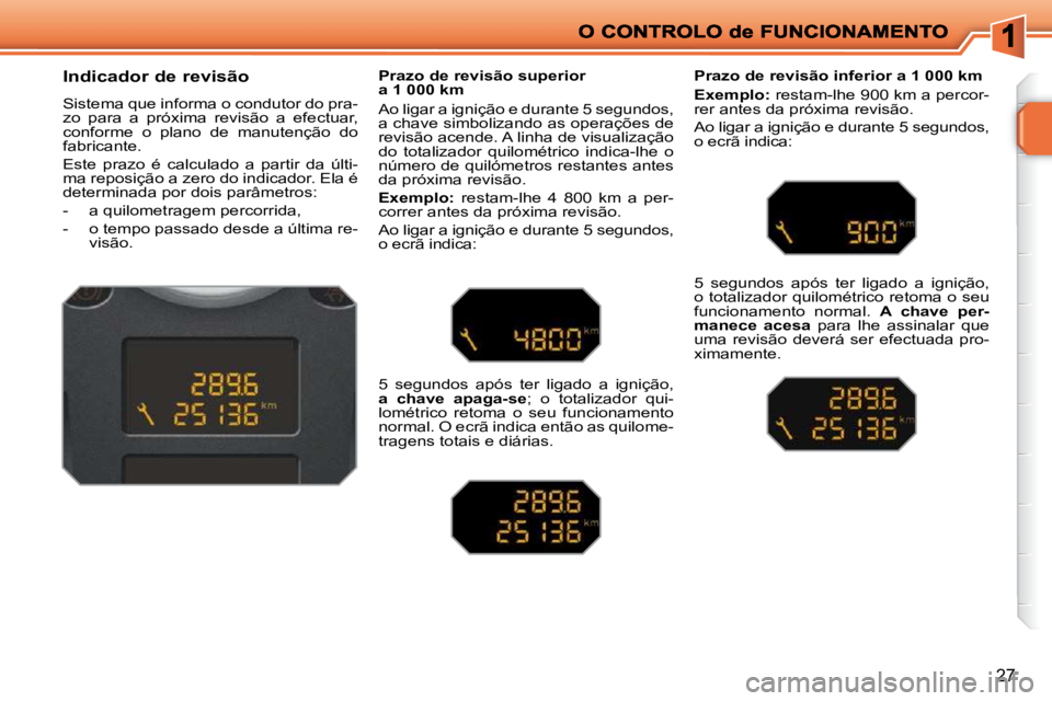 PEUGEOT 207 2009 Manual de utilização (in Portuguese) 27
Indicador de revisão
Sistema que informa o condutor do pra-
zo para a próxima revisão a efectuar,
conforme o plano de manutenção do
fabricante.
Este prazo é c PEUGEOT 207 2009 Manual de utilização (in Portuguese) 27
Indicador de revisão
Sistema que informa o condutor do pra-
zo para a próxima revisão a efectuar,
conforme o plano de manutenção do
fabricante.
Este prazo é c
