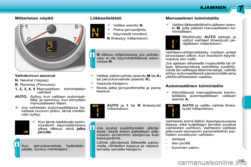 PEUGEOT 207 2009 Omistajan Käsikirja (in Finnish) i
i
i
119
Mittariston näyttö
Vaihdevivun asennot
N. Neutral (Vapaa)
R. Reverse (Peruutus)
1, 2, 3, 4, 5 Manuaalisen toimintatilan
vaihteet
AUTO. Syttyy, kun va PEUGEOT 207 2009 Omistajan Käsikirja (in Finnish) i
i
i
119
Mittariston näyttö
Vaihdevivun asennot
N. Neutral (Vapaa)
R. Reverse (Peruutus)
1, 2, 3, 4, 5 Manuaalisen toimintatilan
vaihteet
AUTO. Syttyy, kun va