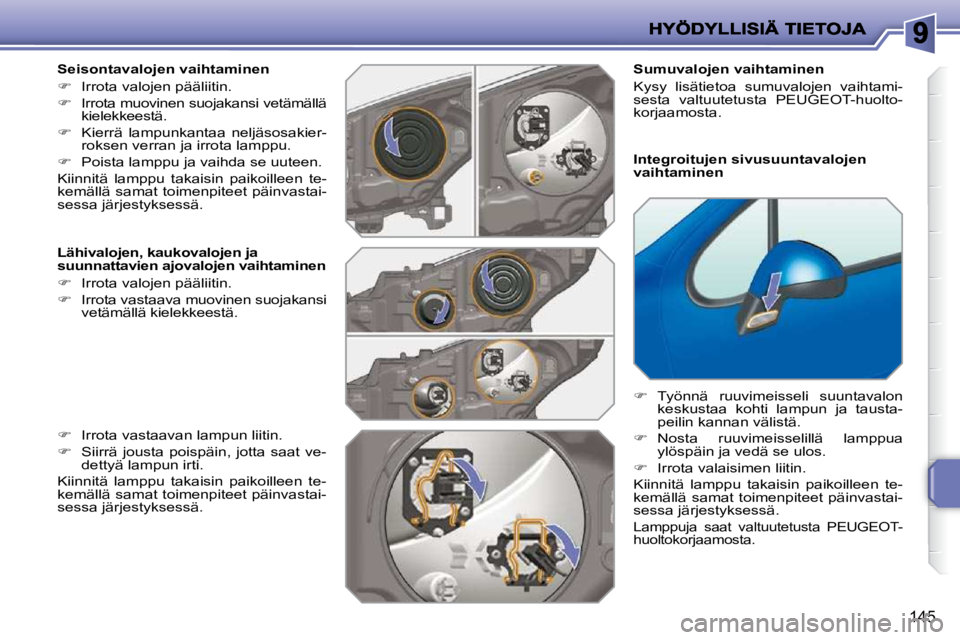 PEUGEOT 207 2009  Omistajan Käsikirja (in Finnish) 145
  Seisontavalojen vaihtaminen  
   
�    Irrota valojen pääliitin. 
  
�    Irrota muovinen suojakansi vetämällä 
kielekkeestä. 
  
�    Kierrä  lampunkantaa  neljäsosakier-
rokse