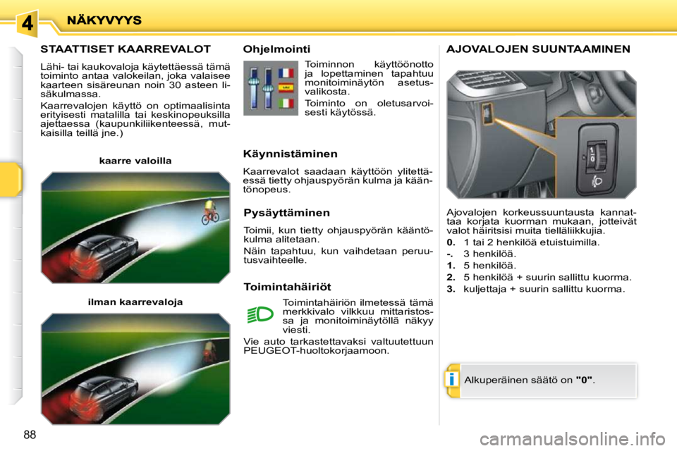 PEUGEOT 207 2009 Omistajan Käsikirja (in Finnish) i
88
STAATTISET KAARREVALOT
Lähi- tai kaukovaloja käytettäessä tämä
toiminto antaa valokeilan, joka valaisee
kaarteen sisäreunan noin 30 asteen li-
säkulmassa.
Kaarrevalojen käy PEUGEOT 207 2009 Omistajan Käsikirja (in Finnish) i
88
STAATTISET KAARREVALOT
Lähi- tai kaukovaloja käytettäessä tämä
toiminto antaa valokeilan, joka valaisee
kaarteen sisäreunan noin 30 asteen li-
säkulmassa.
Kaarrevalojen käy