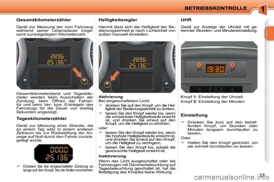 PEUGEOT 207 2008  Betriebsanleitungen (in German) 27
  Gesamtkilometerzähler  
 Gerät  zur  Messung  der  vom  Fahrzeug  
während  seiner  Lebensdauer  insge-
samt zurückgelegten Kilometerzahl.   Helligkeitsregler  
 Hiermit  lässt  sich  die  H