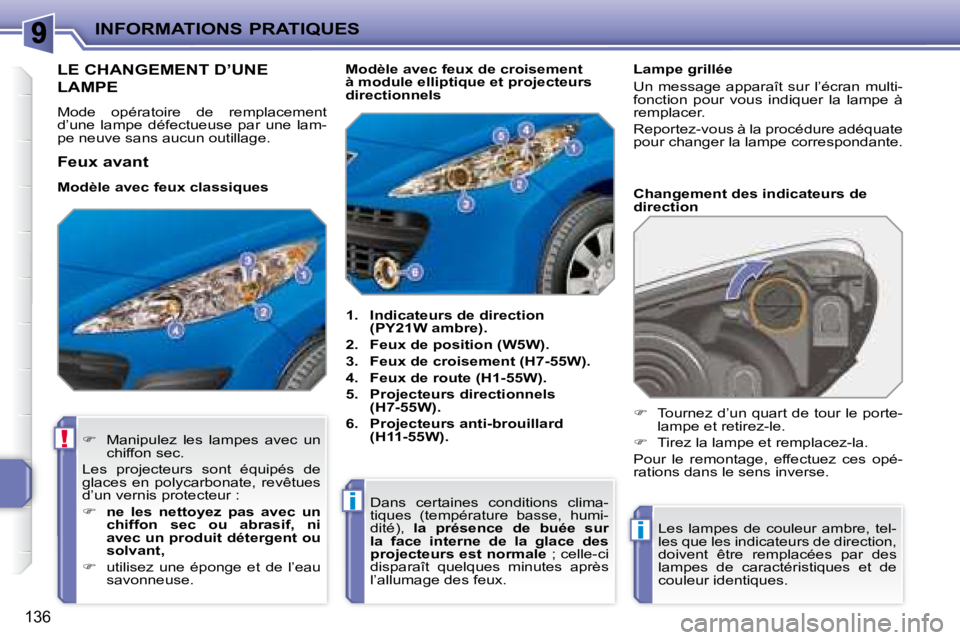 PEUGEOT 207 2008 Manuel du propriétaire (in French) !
i
i
INFORMATIONS PRATIQUES
136
LE CHANGEMENT D’UNE
LAMPE
Mode opératoire de remplacement
d’une lampe défectueuse par une lam-
pe neuve sans aucun outillage.
1. Indicateurs PEUGEOT 207 2008 Manuel du propriétaire (in French) !
i
i
INFORMATIONS PRATIQUES
136
LE CHANGEMENT D’UNE
LAMPE
Mode opératoire de remplacement
d’une lampe défectueuse par une lam-
pe neuve sans aucun outillage.
1. Indicateurs