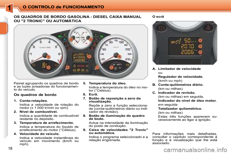 PEUGEOT 207 2008  Manual de utilização (in Portuguese) 18
                           OS QUADROS DE BORDO GASOLINA - DIESEL CAIXA MANUAL 
OU "2 TRONIC" OU AUTOMÁTICA 
 Painel agrupando os quadros de bordo  
e as luzes avisadoras do funcionamen-
to do veí
