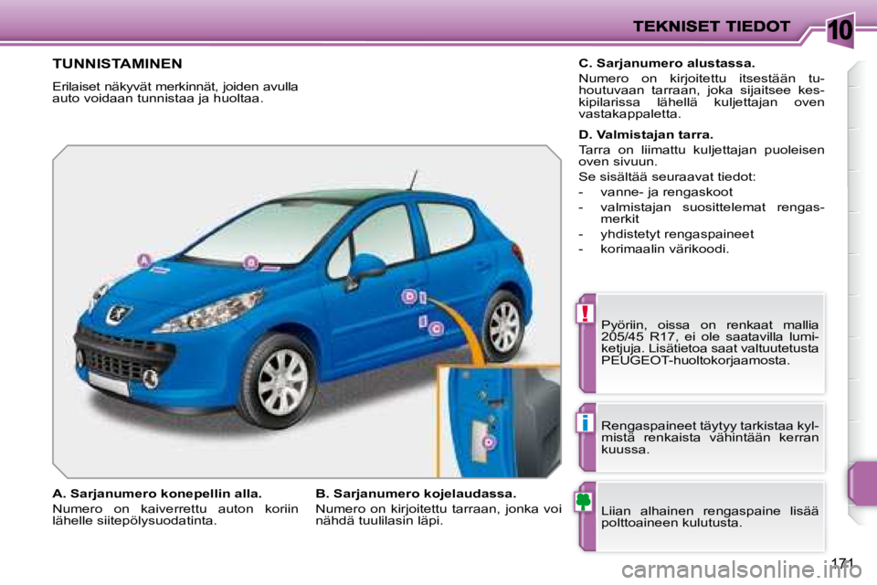PEUGEOT 207 2008  Omistajan Käsikirja (in Finnish) 10
!
i
171
             TUNNISTAMINEN 
 Erilaiset näkyvät merkinnät, joiden avulla  
auto voidaan tunnistaa ja huoltaa.  Pyöriin,  oissa  on  renkaat  mallia 
205/45  R17,  ei  ole  saatavilla  lu