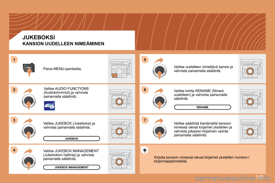 PEUGEOT 207 2008  Omistajan Käsikirja (in Finnish) 189
ESC
MENU LIST
ESC
MENU LIST
66
77
55
ESC
LIST
MENU
MENU
ESC
MENU LIST
22
33
44
11
ESC
MENU LIST
ESC
MENU LIST
ESC
MENU LIST
ESC
MENU LIST
JUKEBOX
RENAME
JUKEBOX MANAGEMENT
  KANSION UUDELLEEN NIME