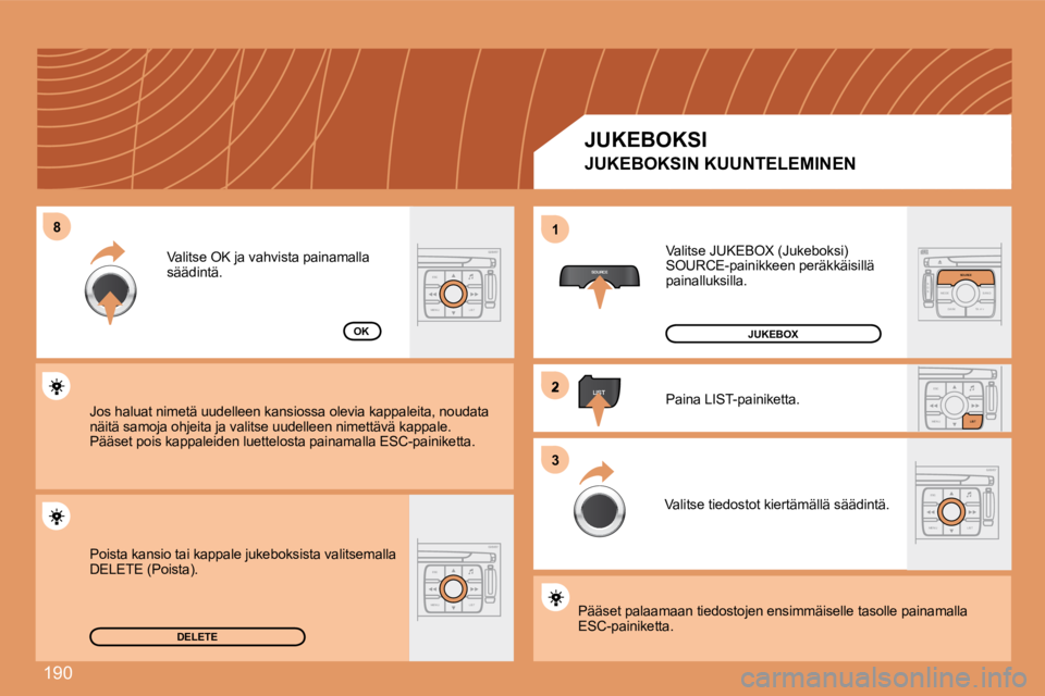 PEUGEOT 207 2008  Omistajan Käsikirja (in Finnish) 190
88
SOURCE
2
ESC
MENU LIST
LIST
ESC
MENU LIST
S
O S SOURCE
MODE BAND TPT
A  Y
DARKSOURCE
ESC
MENU LIST
LIST
ESC
MENU LIST
11
33
DELETE
OK
 Valitse JUKEBOX (Jukeboksi) SOURCE-painikkeen peräkkäisi