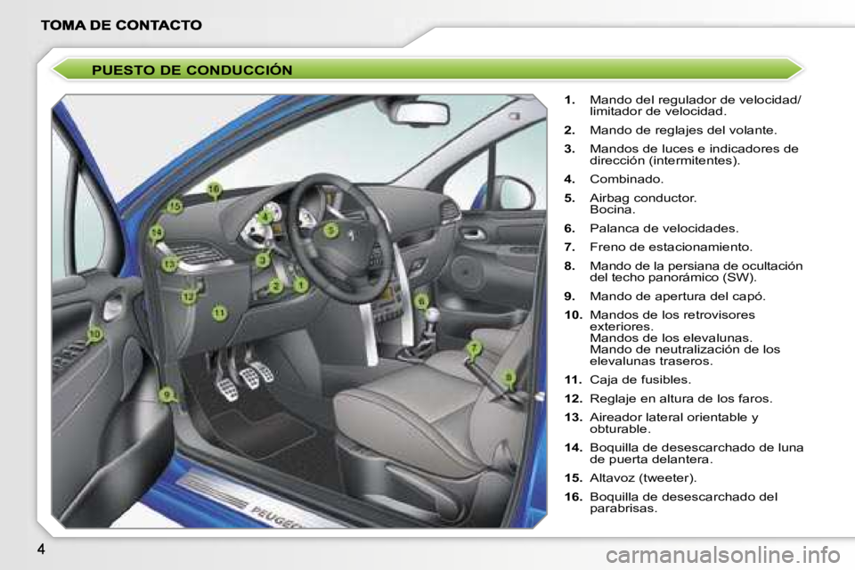 PEUGEOT 207 2007  Manual del propietario (in Spanish) �P�U�E�S�T�O� �D�E� �C�O�N�D�U�C�C�I�Ó�N
�1�.�  �M�a�n�d�o� �d�e�l� �r�e�g�u�l�a�d�o�r� �d�e� �v�e�l�o�c�i�d�a�d�/�l�i�m�i�t�a�d�o�r� �d�e� �v�e�l�o�c�i�d�a�d�.
�2�.�  �M�a�n�d�o� �d�e� �r�e�g�l�a�j�