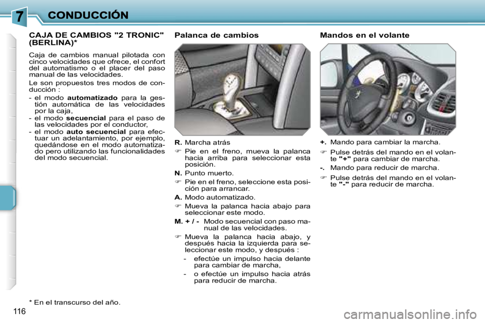 PEUGEOT 207 2007  Manual del propietario (in Spanish) �1�1�6
�C�A�J�A� �D�E� �C�A�M�B�I�O�S� �"�2� �T�R�O�N�I�C�"�  
�(�B�E�R�L�I�N�A�)�*
�C�a�j�a�  �d�e�  �c�a�m�b�i�o�s�  �m�a�n�u�a�l�  �p�i�l�o�t�a�d�a�  �c�o�n� �c�i�n�c�o� �v�e�l�o�c�i�d�a�d�