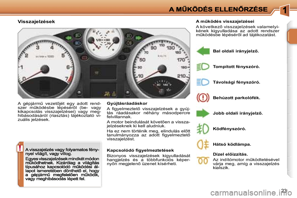 PEUGEOT 207 2007  Kezelési útmutató (in Hungarian) �!
�2�3
�V�i�s�s�z�a�j�e�l�z�é�s�e�k
�A�  �g�é�p�j�á�r�mC�  �v�e�z�e�t5�j�é�t�  �e�g�y�  �a�d�o�t�t�  �r�e�n�d�-�s�z�e�r�  �mC�k�ö�d�é�s�b�e�  �l�é�p�é�s�é�r5�l�  �(�b�e�-�  �v�a�g�y� �k�