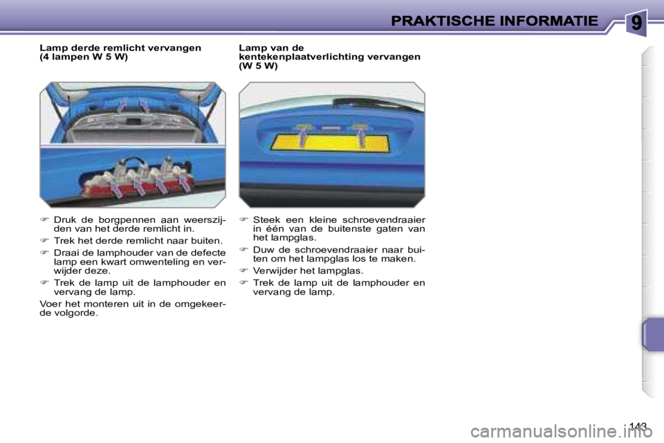 PEUGEOT 207 2007  Instructieboekje (in Dutch) �1�4�3
�L�a�m�p� �d�e�r�d�e� �r�e�m�l�i�c�h�t� �v�e�r�v�a�n�g�e�n� �(�4� �l�a�m�p�e�n� �W� �5� �W�)
��  �D�r�u�k�  �d�e�  �b�o�r�g�p�e�n�n�e�n�  �a�a�n�  �w�e�e�r�s�z�i�j�-�d�e�n� �v�a�n� �h�e�t� �