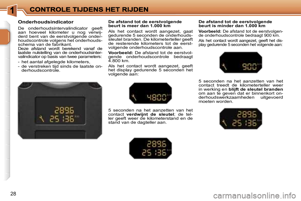 PEUGEOT 207 2007  Instructieboekje (in Dutch) �2�8
�O�n�d�e�r�h�o�u�d�s�i�n�d�i�c�a�t�o�r
�D�e�  �o�n�d�e�r�h�o�u�d�s�i�n�t�e�r�v�a�l�i�n�d�i�c�a�t�o�r�  �g�e�e�f�t� �a�a�n�  �h�o�e�v�e�e�l�  �k�i�l�o�m�e�t�e�r�  �u�  �n�o�g�  �v�e�r�w�i�j�-�d�e�