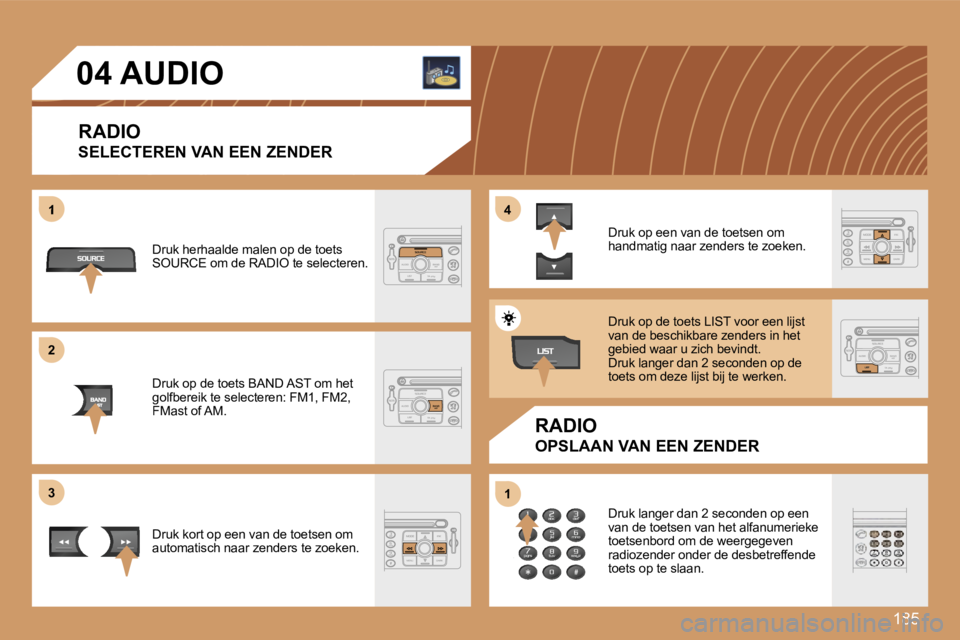 PEUGEOT 207 2007  Instructieboekje (in Dutch) �1�8�5
�1
�2�2
�3�3
�4�4
�1�1
�0�4� �A�U�D�I�O
�R�A�D�I�O
�S�E�L�E�C�T�E�R�E�N� �V�A�N� �E�E�N� �Z�E�N�D�E�R
�R�A�D�I�O
�O�P�S�L�A�A�N� �V�A�N� �E�E�N� �Z�E�N�D�E�R� 
�D�r�u�k� �h�e�r�h�a�a�l�d�e� �m�