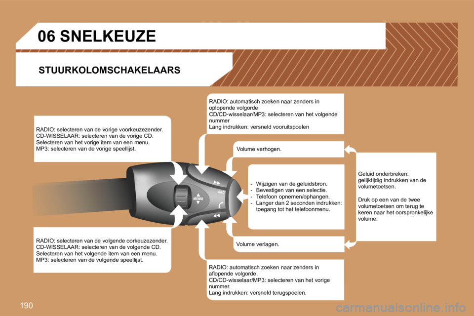 PEUGEOT 207 2007  Instructieboekje (in Dutch) �1�9�0
�R�A�D�I�O�:� �s�e�l�e�c�t�e�r�e�n� �v�a�n� �d�e� �v�o�r�i�g�e� �v�o�o�r�k�e�u�z�e�z�e�n�d�e�r�.�C�D�-�W�I�S�S�E�L�A�A�R�:� �s�e�l�e�c�t�e�r�e�n� �v�a�n� �d�e� �v�o�r�i�g�e� �C�D�.�S�e�l�e�c�t�