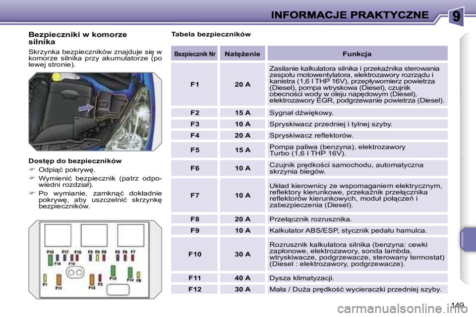 PEUGEOT 207 2007  Instrukcja obsługi (in Polish) �1�4�9
�B�e�z�p�i�e�c�z�n�i�k�i� �w� �k�o�m�o�r�z�e� �s�i�l�n�i�k�a� 
�S�k�r�z�y�n�k�a� �b�e�z�p�i�e�c�z�n�i�k�ó�w� �z�n�a�j�d�u�j�e� �s�i
� �w� �k�o�m�o�r�z�e�  �s�i�l�n�i�k�a�  �p�r�z�y�  �a�k�u�m