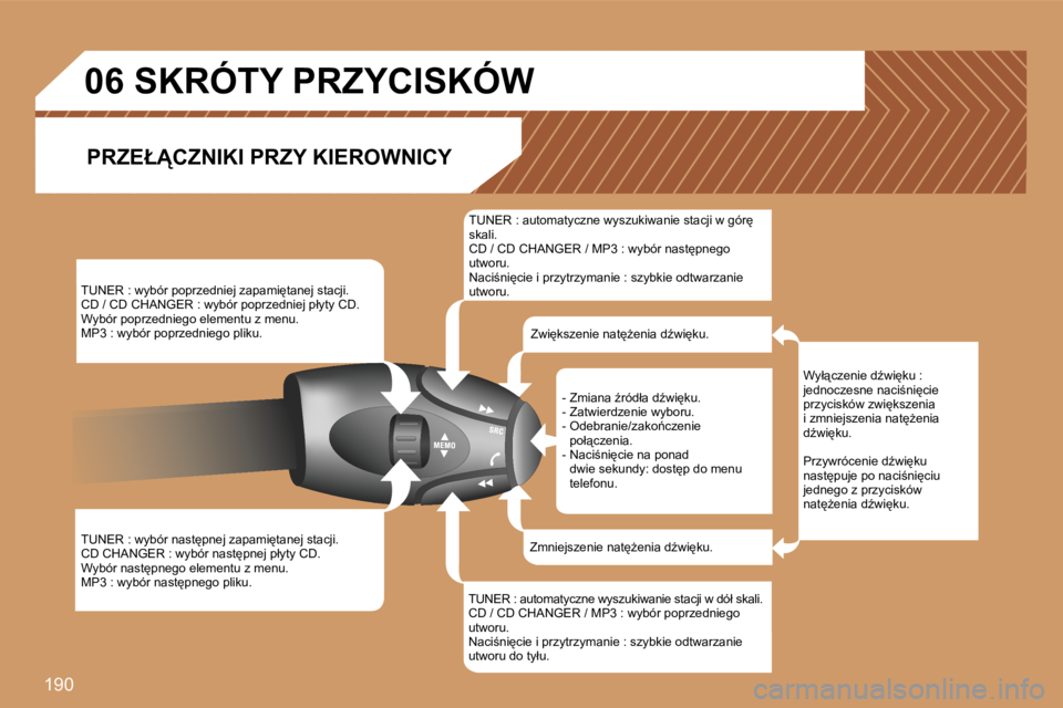PEUGEOT 207 2007  Instrukcja obsługi (in Polish) �1�9�0
�T�U�N�E�R� �:� �w�y�b�ó�r� �p�o�p�r�z�e�d�n�i�e�j� �z�a�p�a�m�i
�t�a�n�e�j� �s�t�a�c�j�i�.�C�D� �/� �C�D� �C�H�A�N�G�E�R� �:� �w�y�b�ó�r� �p�o�p�r�z�e�d�n�i�e�j� �p�ł�y�t�y� �C�D�.�W�y�b�
