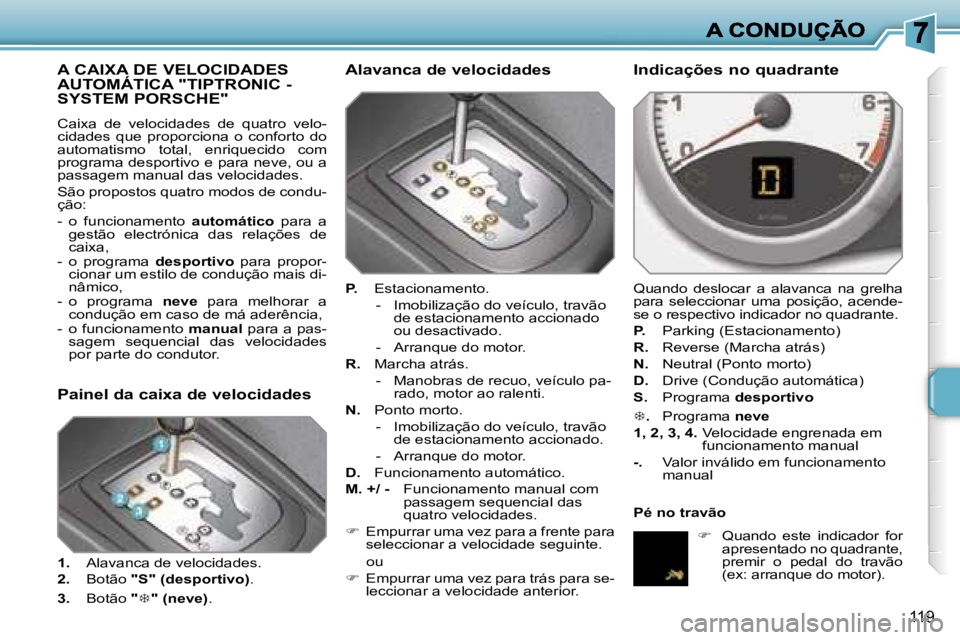 PEUGEOT 207 2007  Manual de utilização (in Portuguese) �1�1�9
�A� �C�A�I�X�A� �D�E� �V�E�L�O�C�I�D�A�D�E�S�  
�A�U�T�O�M�Á�T�I�C�A� �"�T�I�P�T�R�O�N�I�C� �-� 
�S�Y�S�T�E�M� �P�O�R�S�C�H�E�"
�C�a�i�x�a�  �d�e�  �v�e�l�o�c�i�d�a�d�e�s�  �d�e�  �q�u